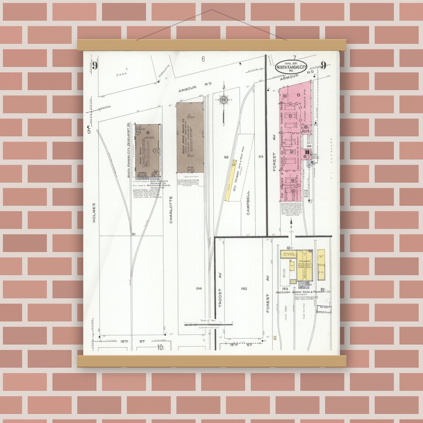 Old map wall art mockup — magnetic wood frame on brick wall — Sanborn Fire Insurance Map from North Kansas City, Clay County, Missouri (1926), Sheet #0009