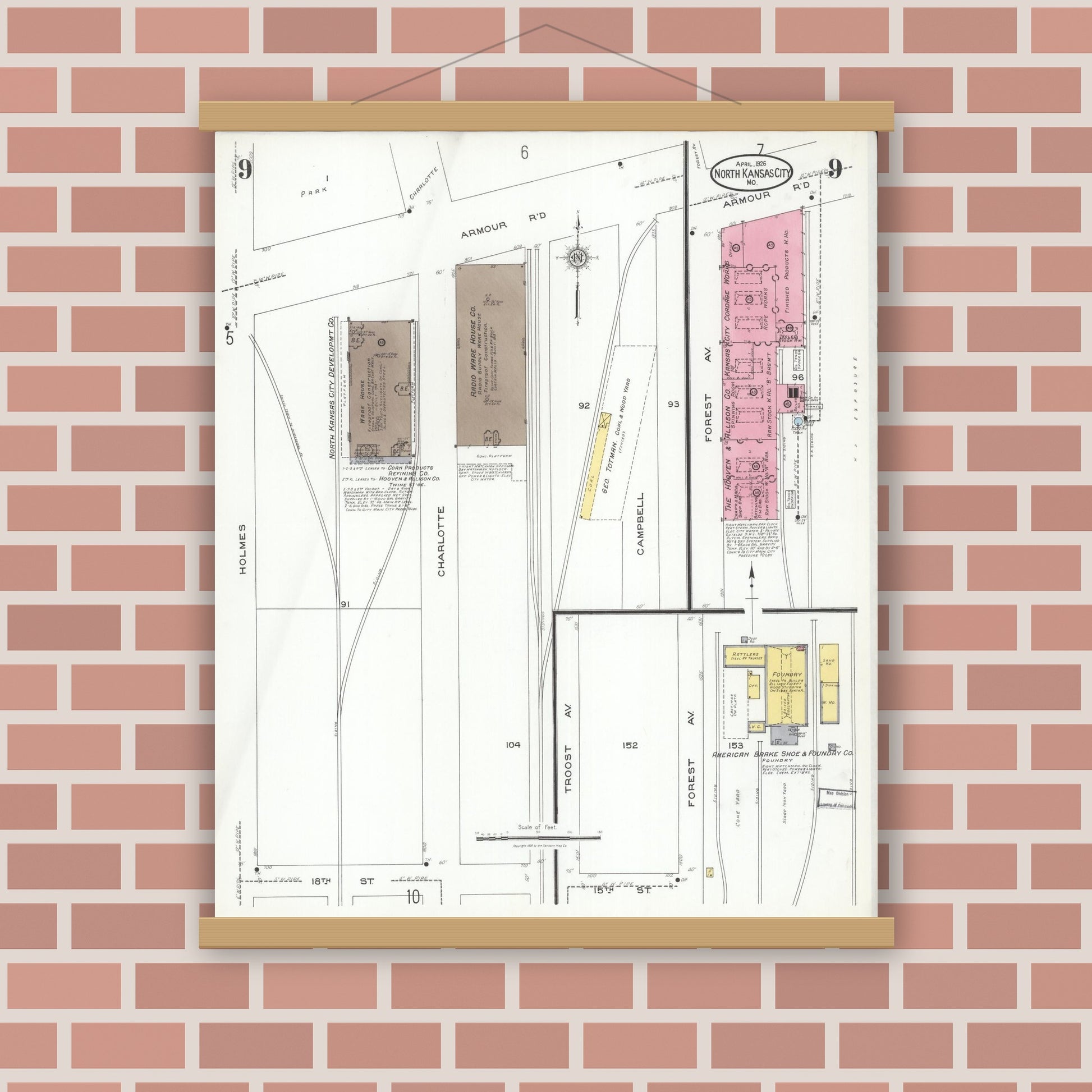 Old map wall art mockup — magnetic wood frame on brick wall — Sanborn Fire Insurance Map from North Kansas City, Clay County, Missouri (1926), Sheet #0009