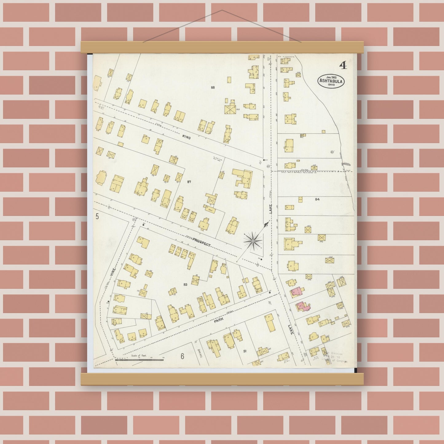 Old map wall art mockup — magnetic wood frame on brick wall — Sanborn Fire Insurance Map from Ashtabula, Ashtabula County, Ohio (1903), Sheet #0004