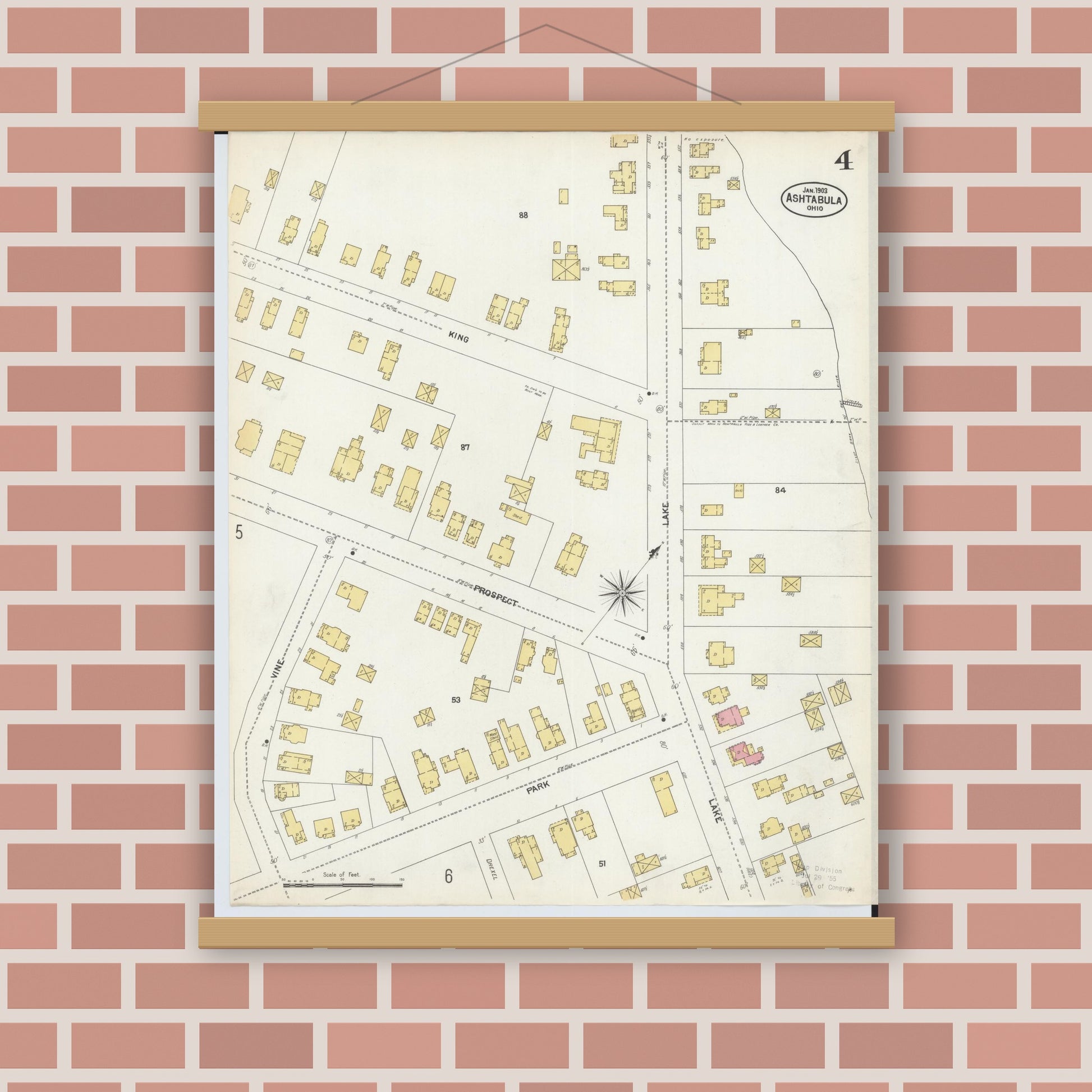 Old map wall art mockup — magnetic wood frame on brick wall — Sanborn Fire Insurance Map from Ashtabula, Ashtabula County, Ohio (1903), Sheet #0004