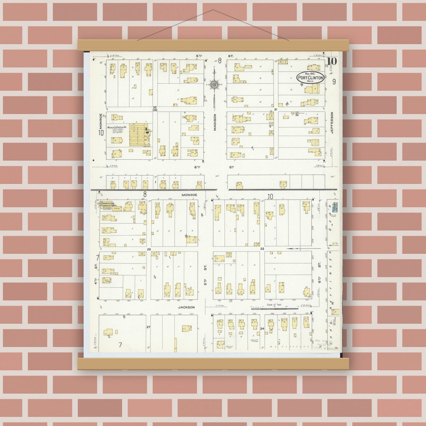 Old map wall art mockup — magnetic wood frame on brick wall — Sanborn Fire Insurance Map from Port Clinton, Ottawa County, Ohio (1910), Sheet #0010