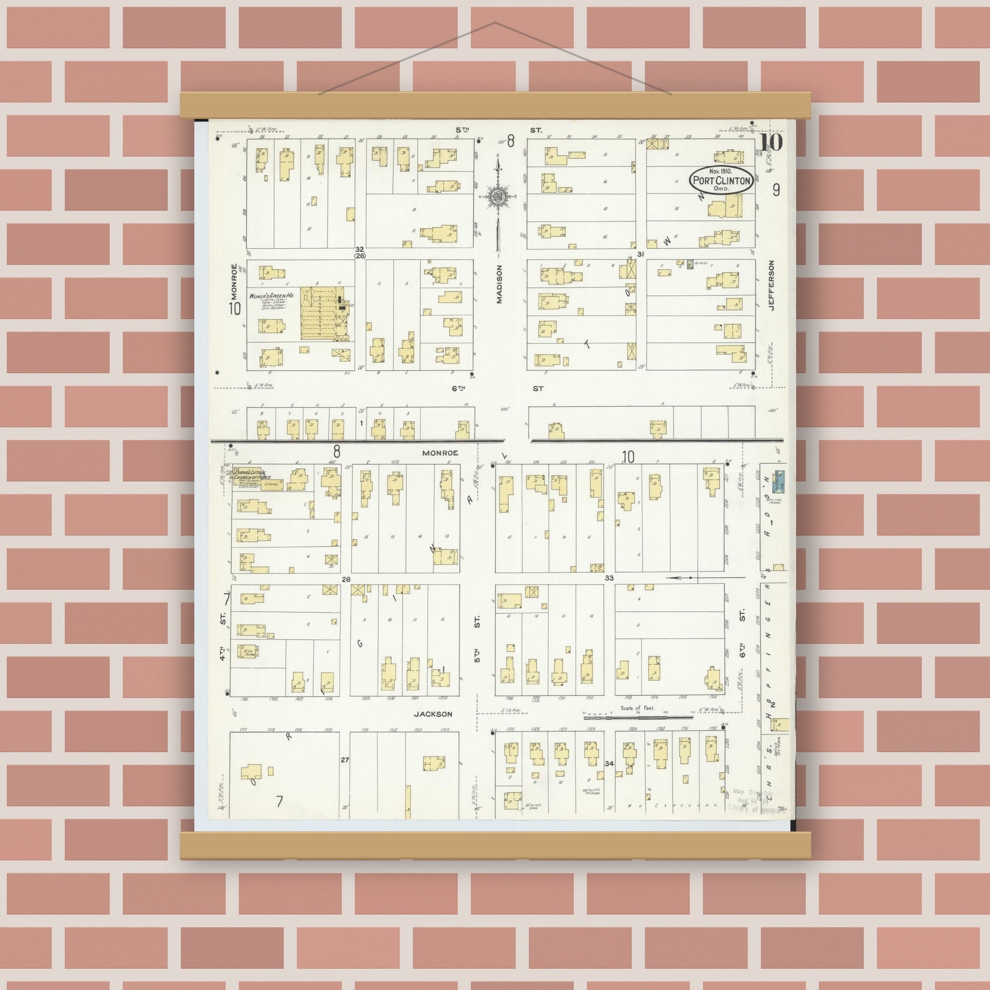 Old map wall art mockup — magnetic wood frame on brick wall — Sanborn Fire Insurance Map from Port Clinton, Ottawa County, Ohio (1910), Sheet #0010