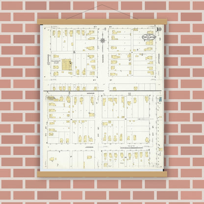 Old map wall art mockup — magnetic wood frame on brick wall — Sanborn Fire Insurance Map from Port Clinton, Ottawa County, Ohio (1910), Sheet #0010