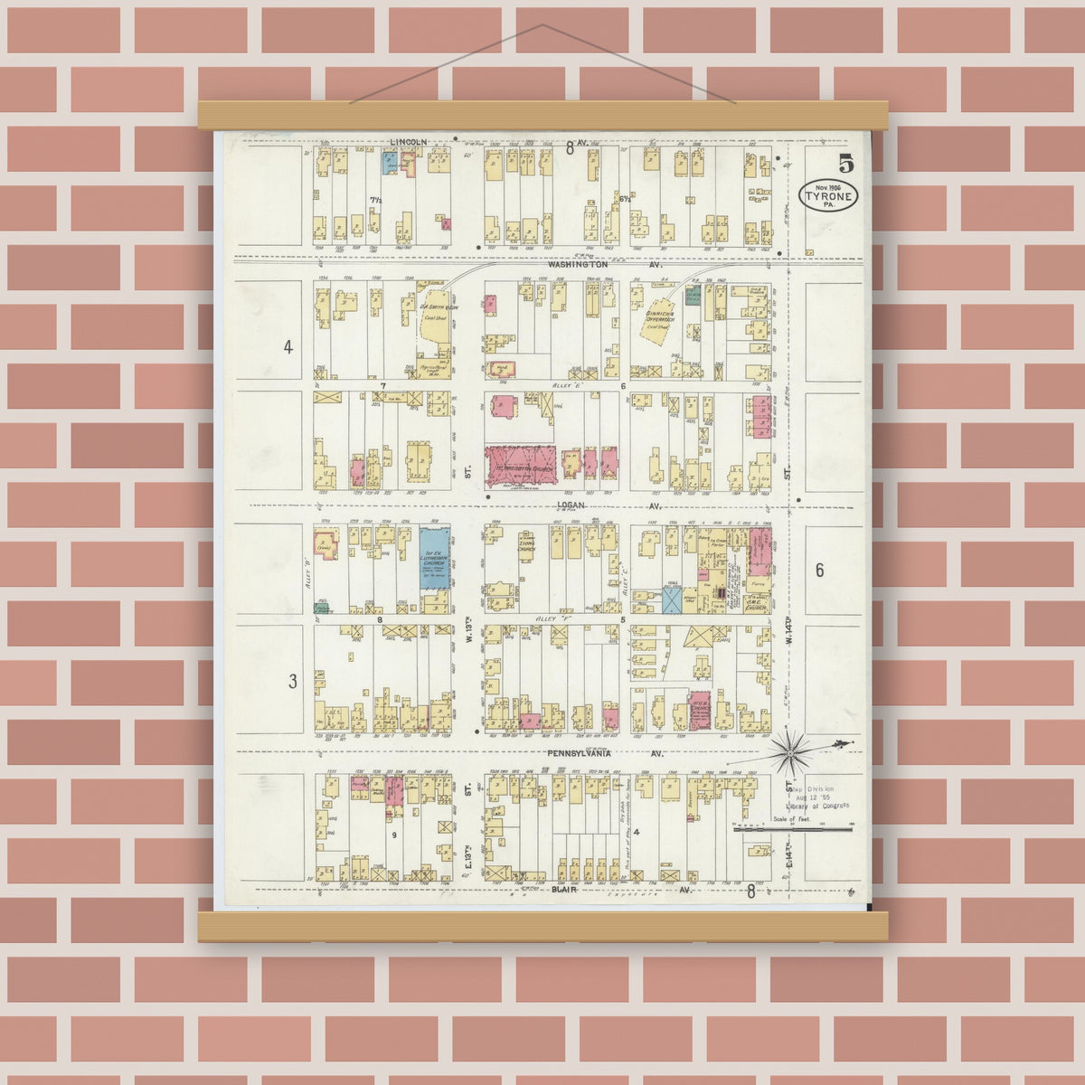 Old map wall art mockup — magnetic wood frame on brick wall — Sanborn Fire Insurance Map from Tyrone, Blair County, Pennsylvania (1906), Sheet #0005