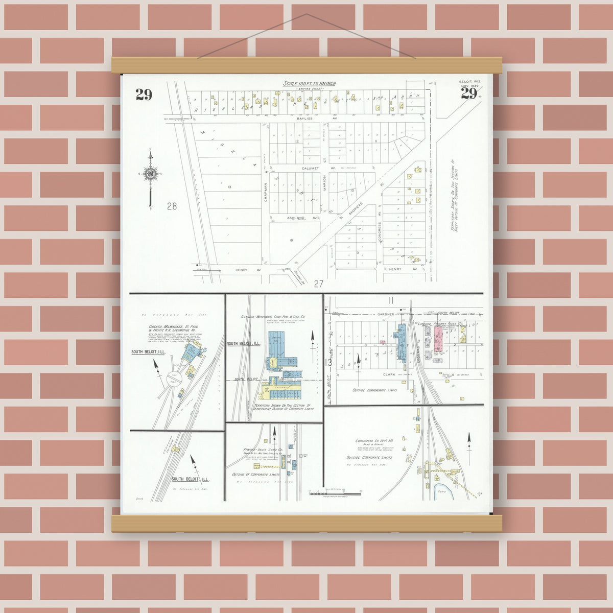 Old map wall art mockup — magnetic wood frame on brick wall — Sanborn Fire Insurance Map from Beloit, Rock County, Wisconsin (1939), Sheet #0029
