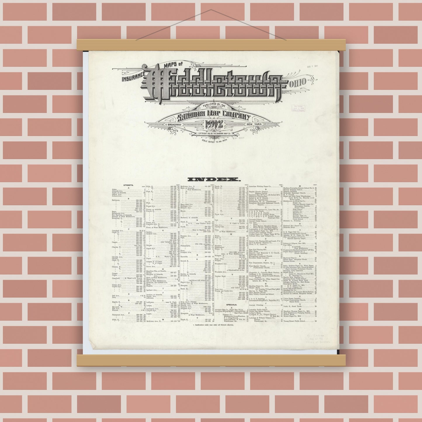 Old map wall art mockup — magnetic wood frame on brick wall — Sanborn Fire Insurance Map from Middletown, Butler County, Ohio (1912), Sheet #0001