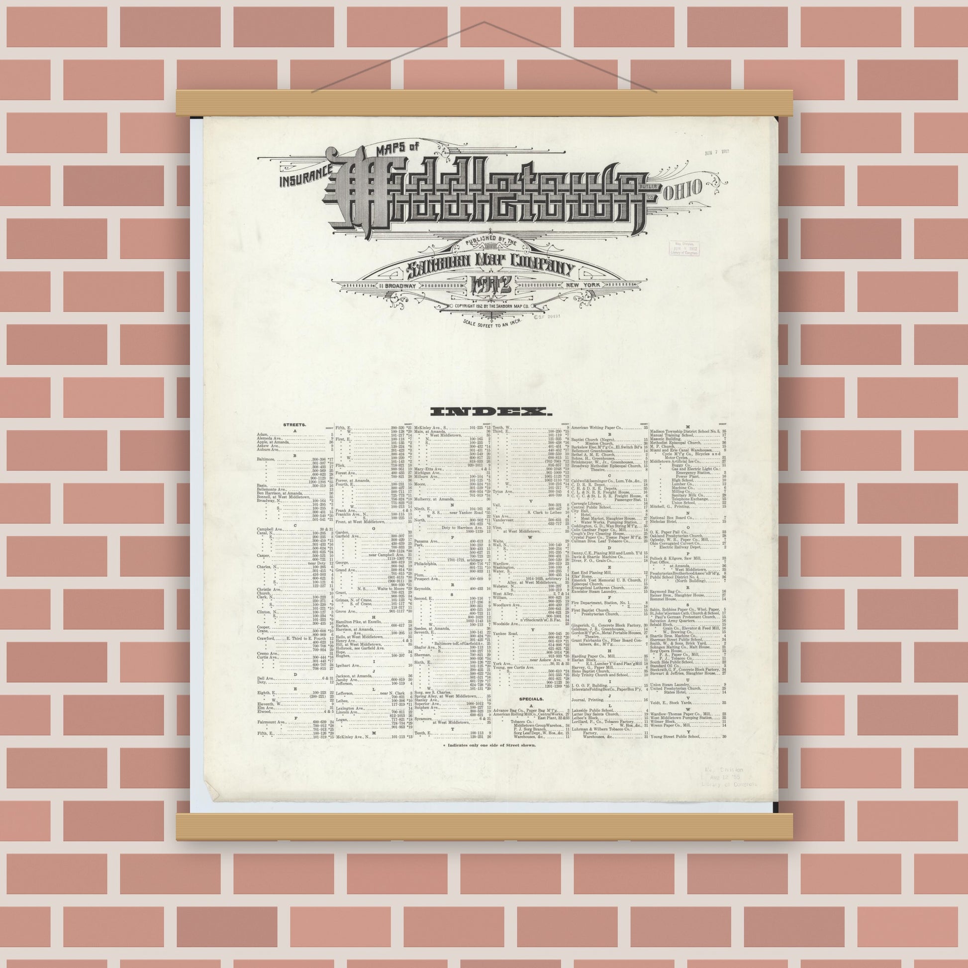 Old map wall art mockup — magnetic wood frame on brick wall — Sanborn Fire Insurance Map from Middletown, Butler County, Ohio (1912), Sheet #0001