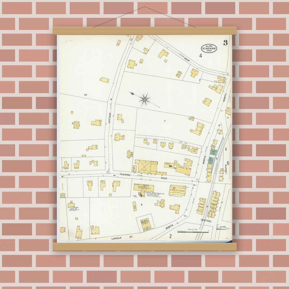 Old map wall art mockup — magnetic wood frame on brick wall — Sanborn Fire Insurance Map from Hingham, Plymouth County, Massachusetts (1903), Sheet #0003