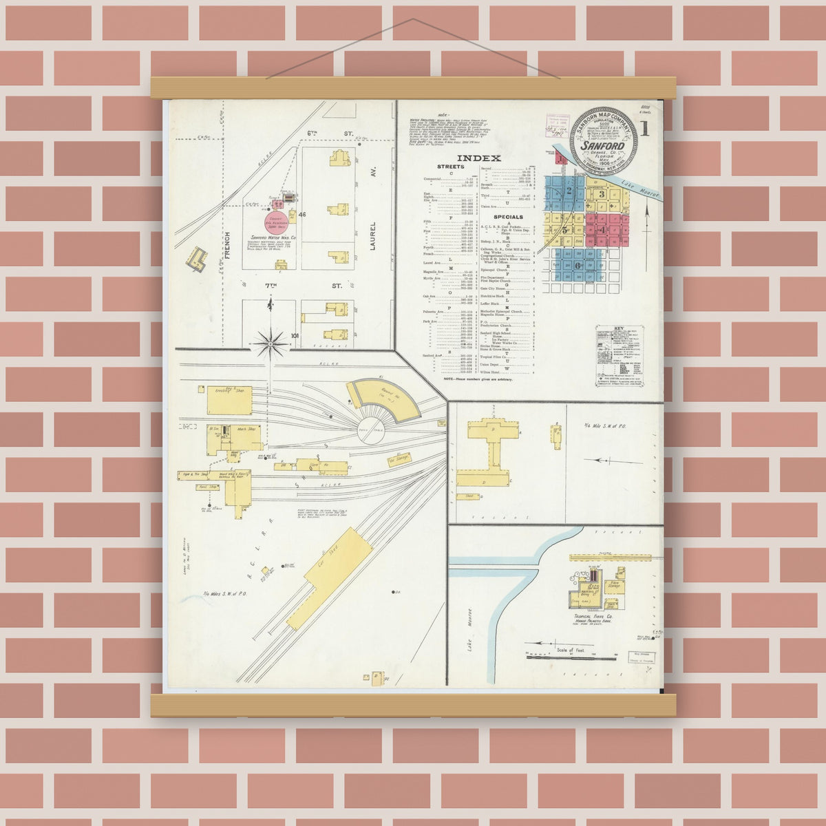 Old map wall art mockup — magnetic wood frame on brick wall — Sanborn Fire Insurance Map from Sanford, Seminole County, Florida (1906) - Complete Map Set