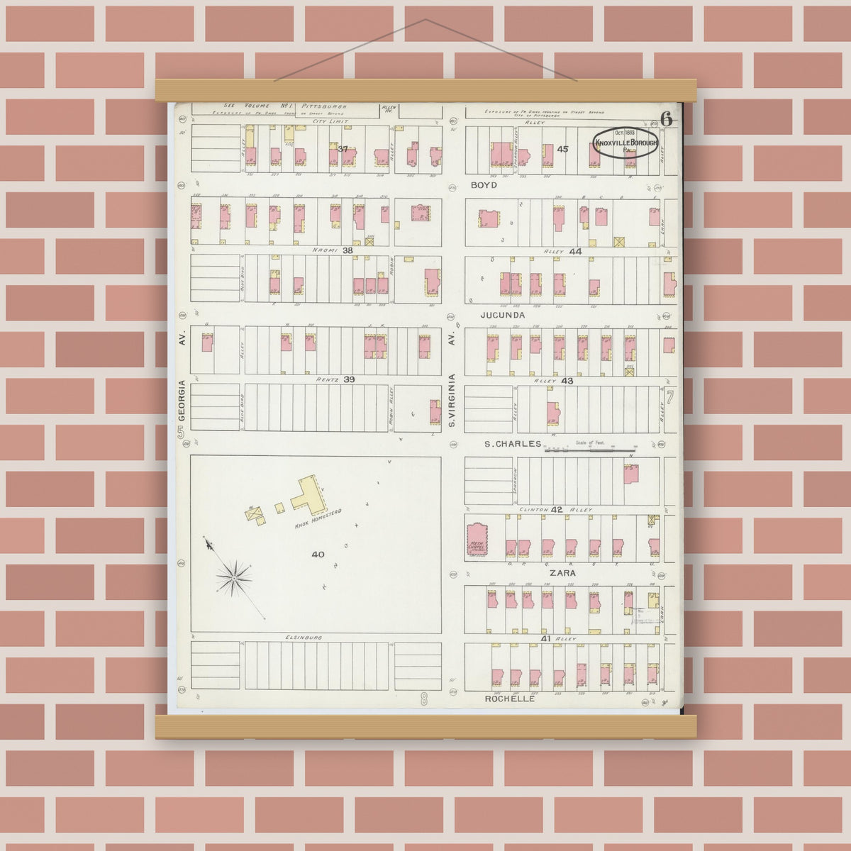 Old map wall art mockup — magnetic wood frame on brick wall — Sanborn Fire Insurance Map from Knoxville Borough, Allegheny County, Pennsylvania (1893), Sheet #0006