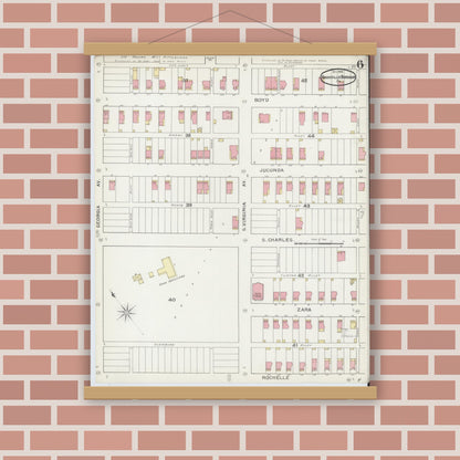 Old map wall art mockup — magnetic wood frame on brick wall — Sanborn Fire Insurance Map from Knoxville Borough, Allegheny County, Pennsylvania (1893), Sheet #0006