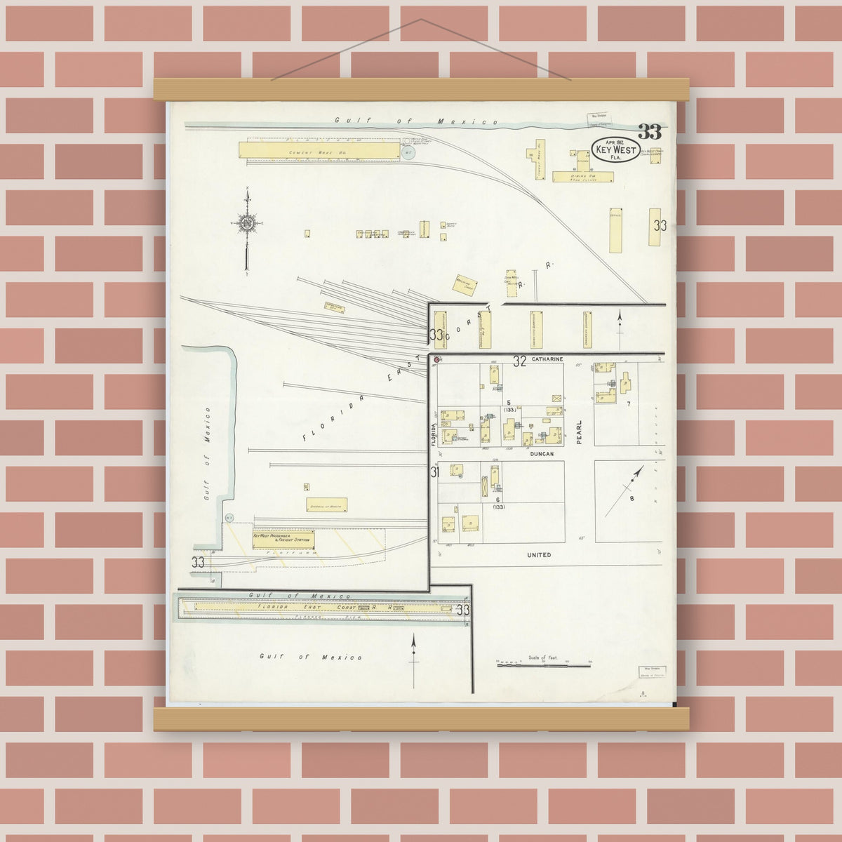 Old map wall art mockup — magnetic wood frame on brick wall — Sanborn Fire Insurance Map from Key West, Monroe County, Florida (1912), Sheet #0033