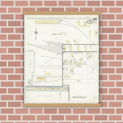 Old map wall art mockup — magnetic wood frame on brick wall — Sanborn Fire Insurance Map from Key West, Monroe County, Florida (1912), Sheet #0033