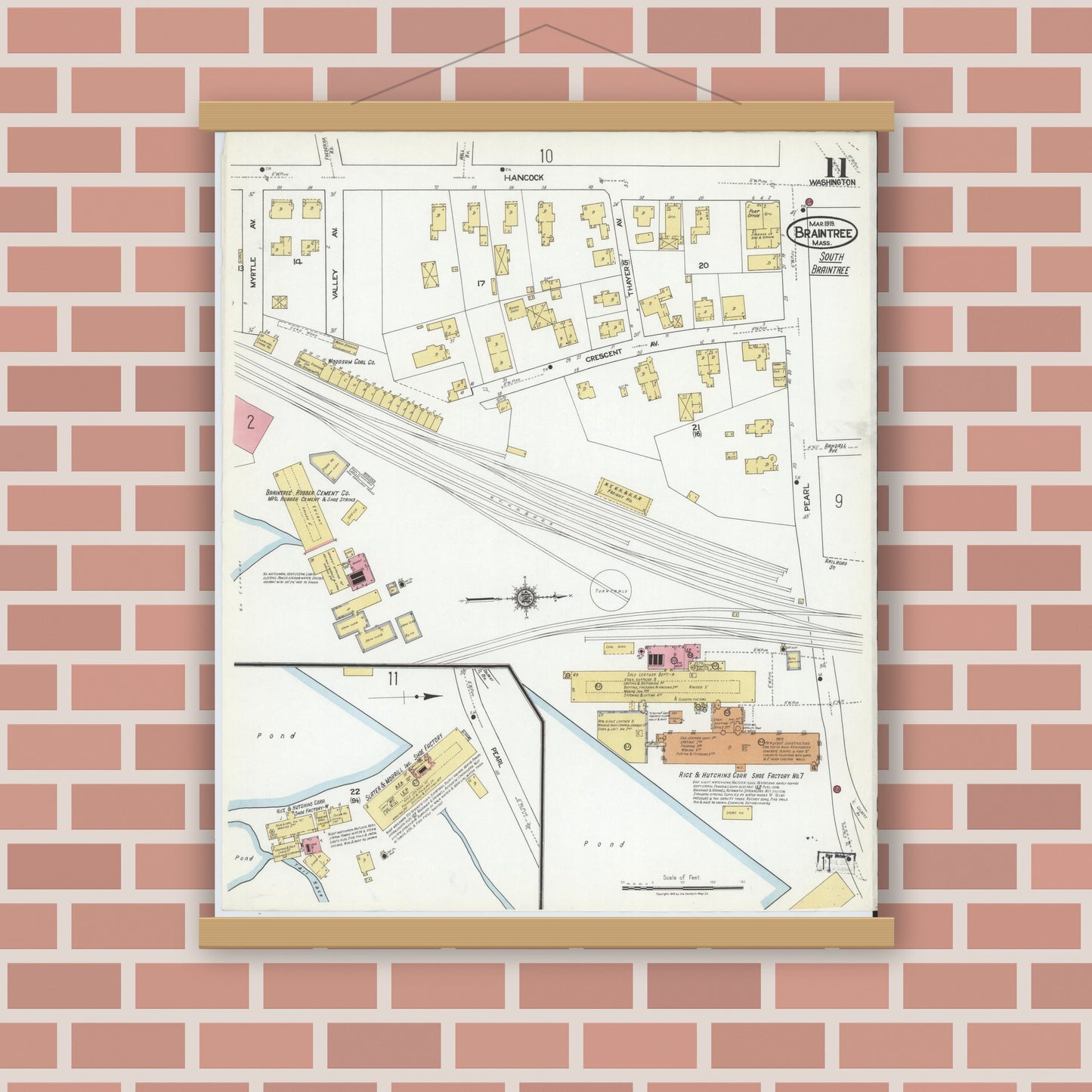 Old map wall art mockup — magnetic wood frame on brick wall — Sanborn Fire Insurance Map from Braintree, Norfolk County, Massachusetts (1919), Sheet #0011