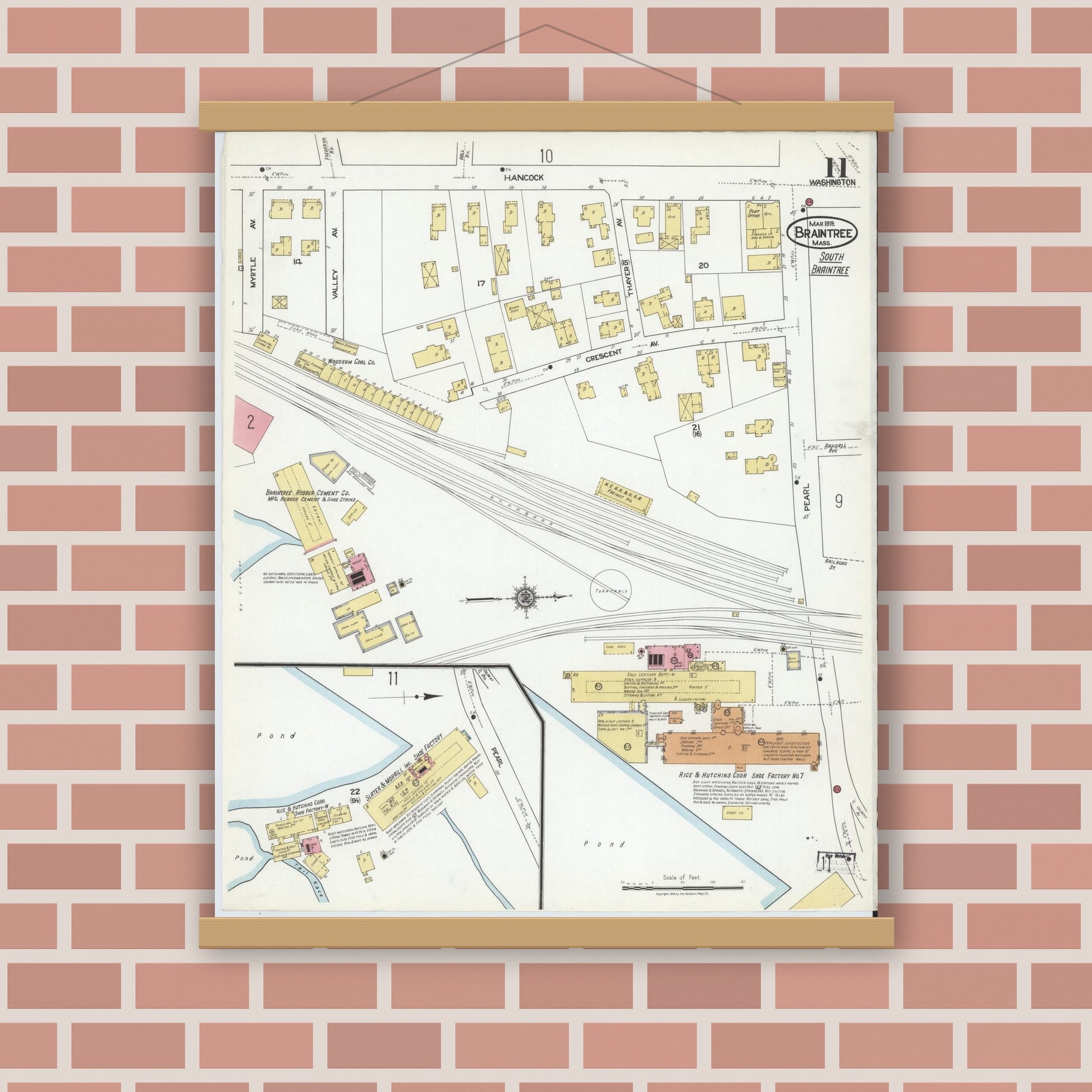 Old map wall art mockup — magnetic wood frame on brick wall — Sanborn Fire Insurance Map from Braintree, Norfolk County, Massachusetts (1919), Sheet #0011