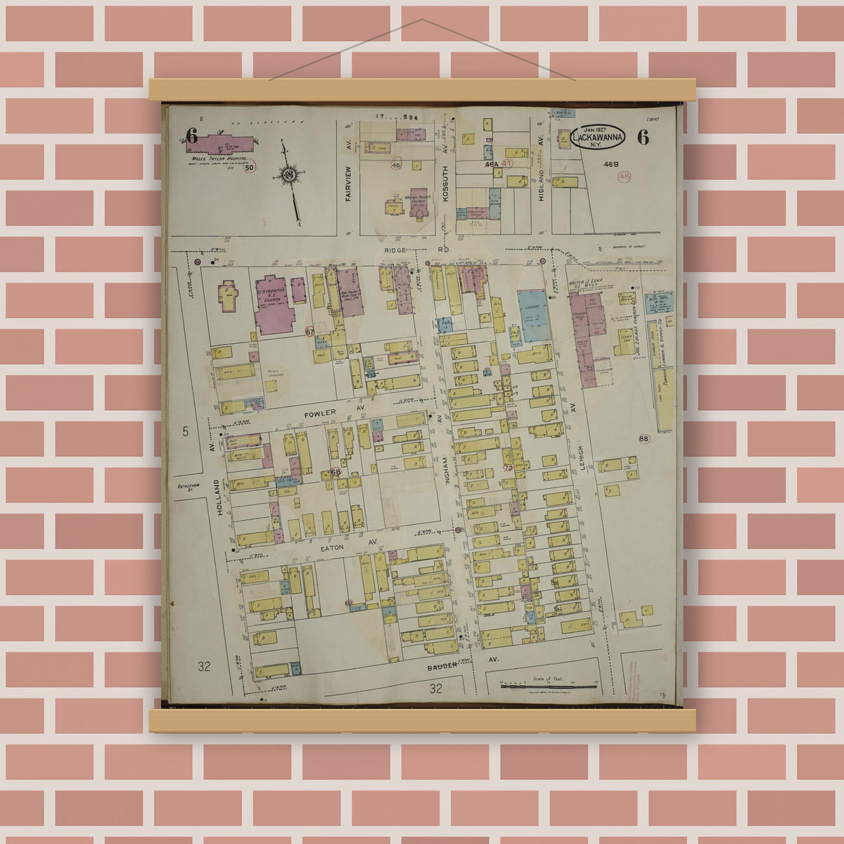Old map wall art mockup — magnetic wood frame on brick wall — Sanborn Fire Insurance Map from Lackawanna, Erie County, New York (1950), Sheet #0006