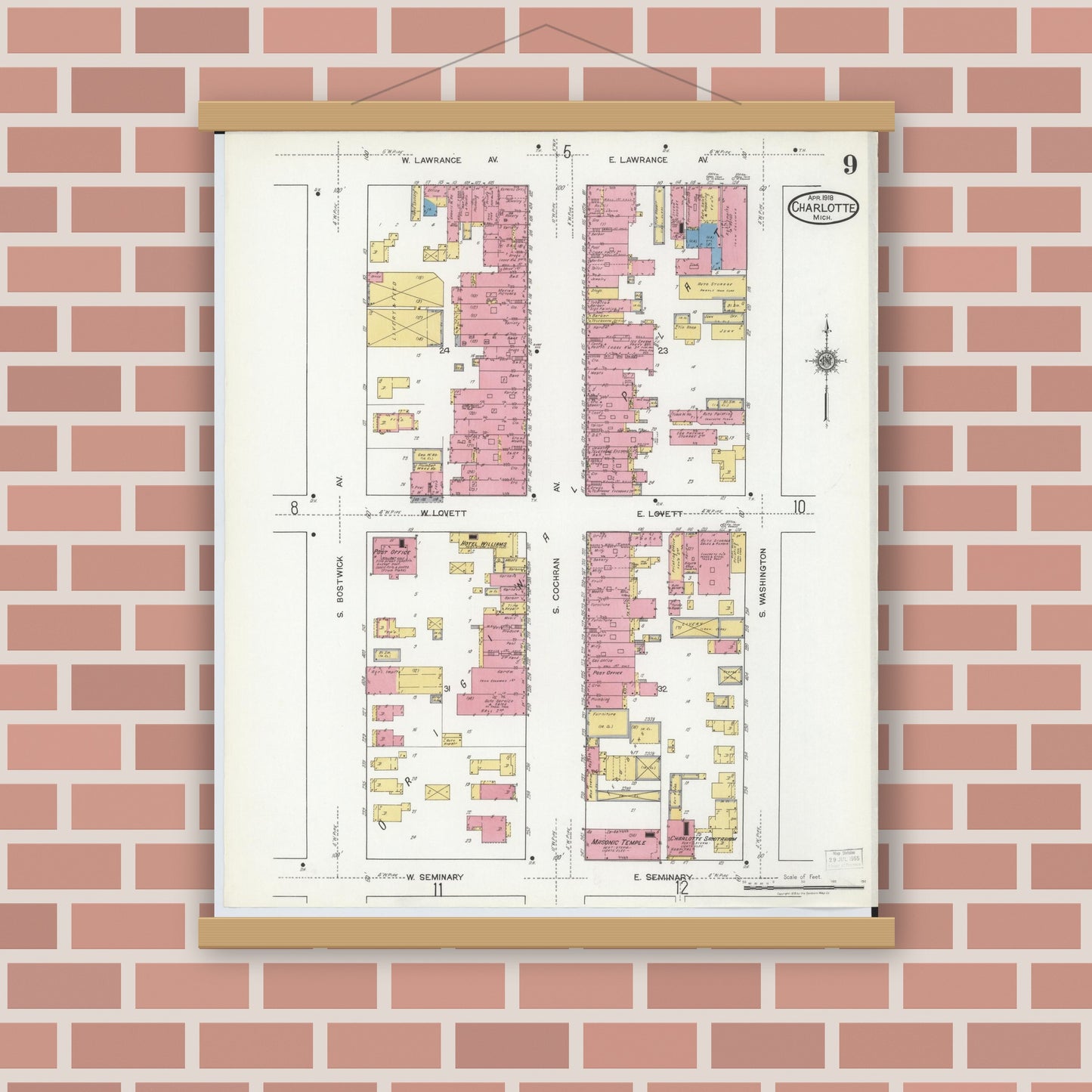 Old map wall art mockup — magnetic wood frame on brick wall — Sanborn Fire Insurance Map from Charlotte, Eaton County, Michigan (1918), Sheet #0009
