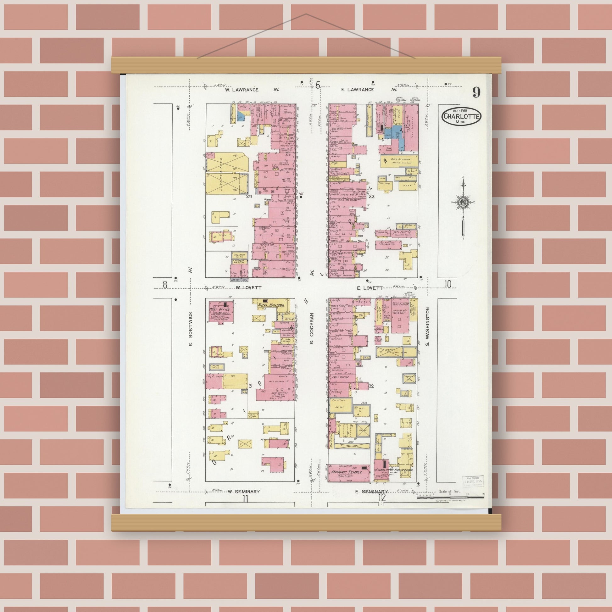 Old map wall art mockup — magnetic wood frame on brick wall — Sanborn Fire Insurance Map from Charlotte, Eaton County, Michigan (1918), Sheet #0009