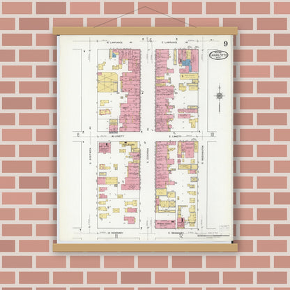 Old map wall art mockup — magnetic wood frame on brick wall — Sanborn Fire Insurance Map from Charlotte, Eaton County, Michigan (1918), Sheet #0009