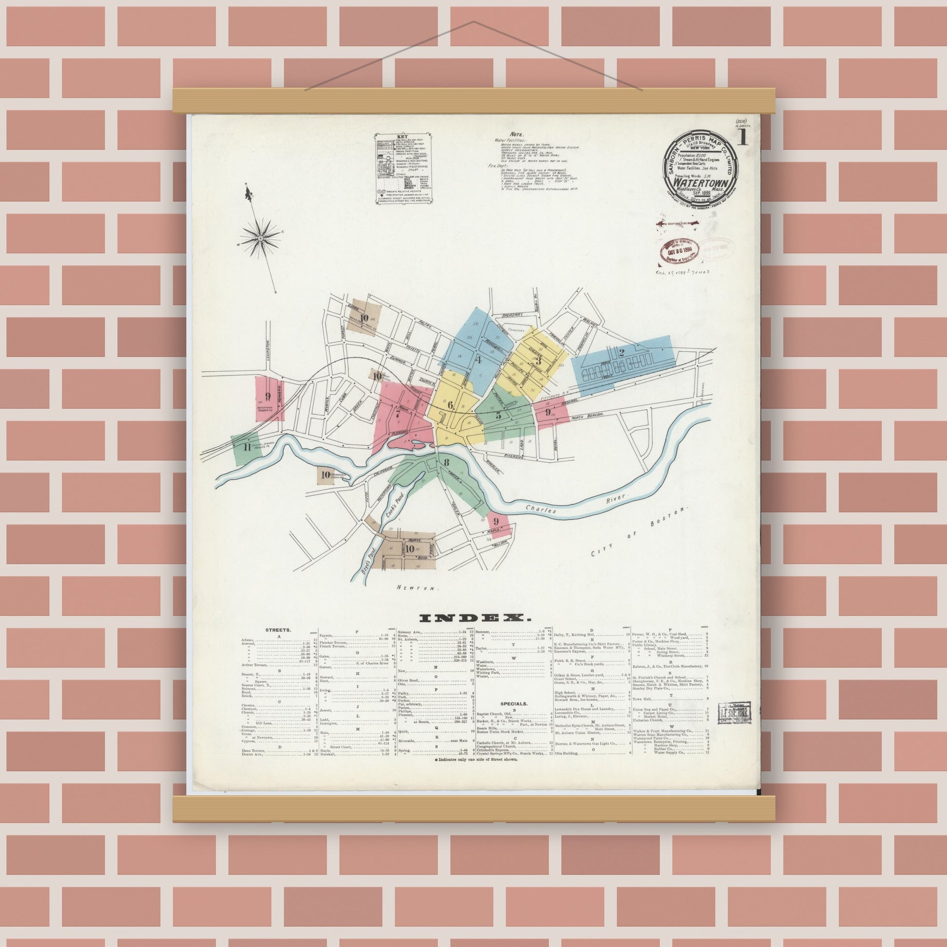 Old map wall art mockup — magnetic wood frame on brick wall — Sanborn Fire Insurance Map from Watertown, Middlesex County, Massachusetts (1899), Sheet #0001