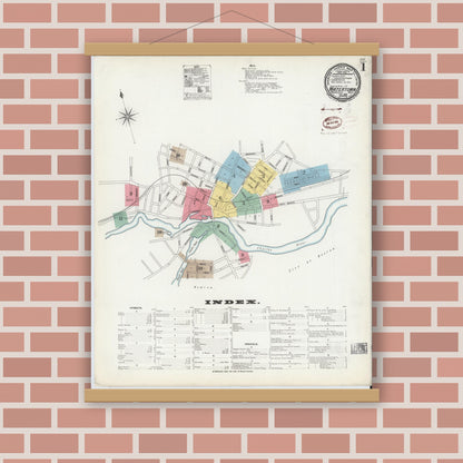 Old map wall art mockup — magnetic wood frame on brick wall — Sanborn Fire Insurance Map from Watertown, Middlesex County, Massachusetts (1899), Sheet #0001
