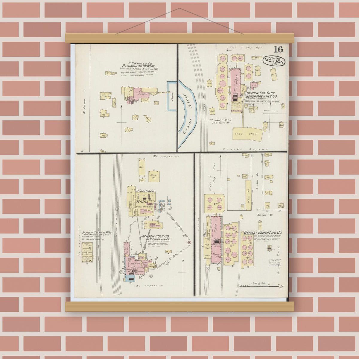 Old map wall art mockup — magnetic wood frame on brick wall — Sanborn Fire Insurance Map from Jackson, Jackson County, Michigan (1886), Sheet #0016