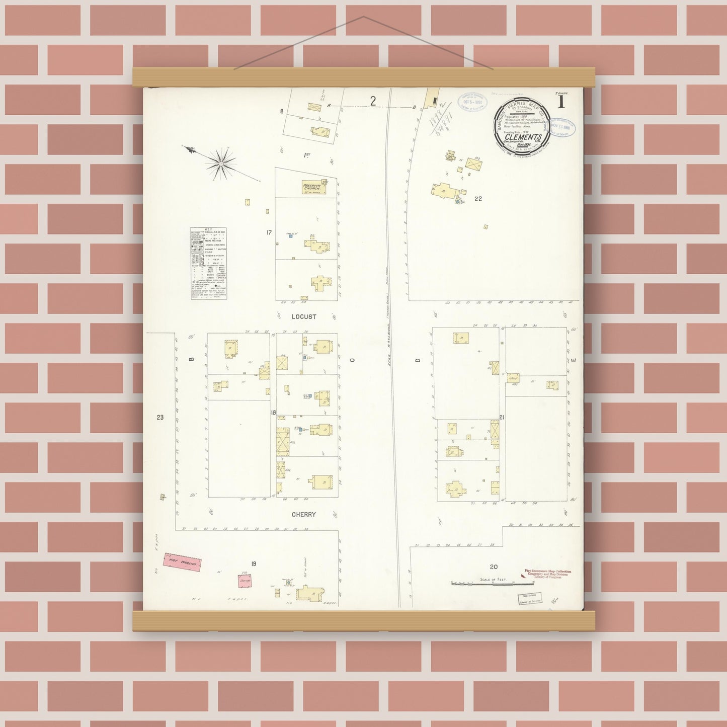 Old map wall art mockup — magnetic wood frame on brick wall — Sanborn Fire Insurance Map from Clements, San Joaquin County, California (1898) - Complete Map Set