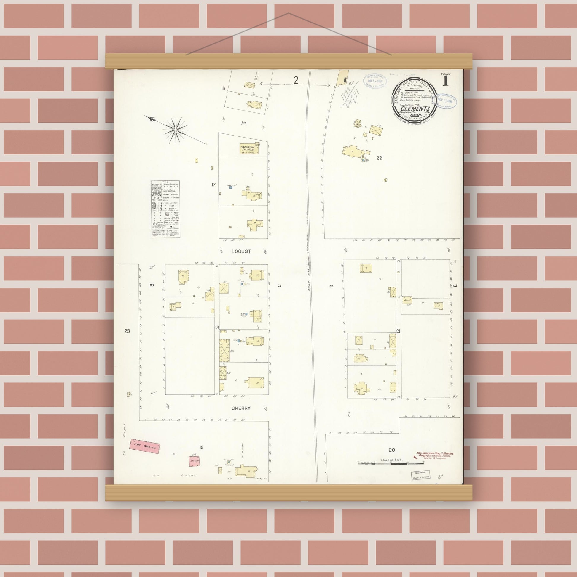 Old map wall art mockup — magnetic wood frame on brick wall — Sanborn Fire Insurance Map from Clements, San Joaquin County, California (1898) - Complete Map Set