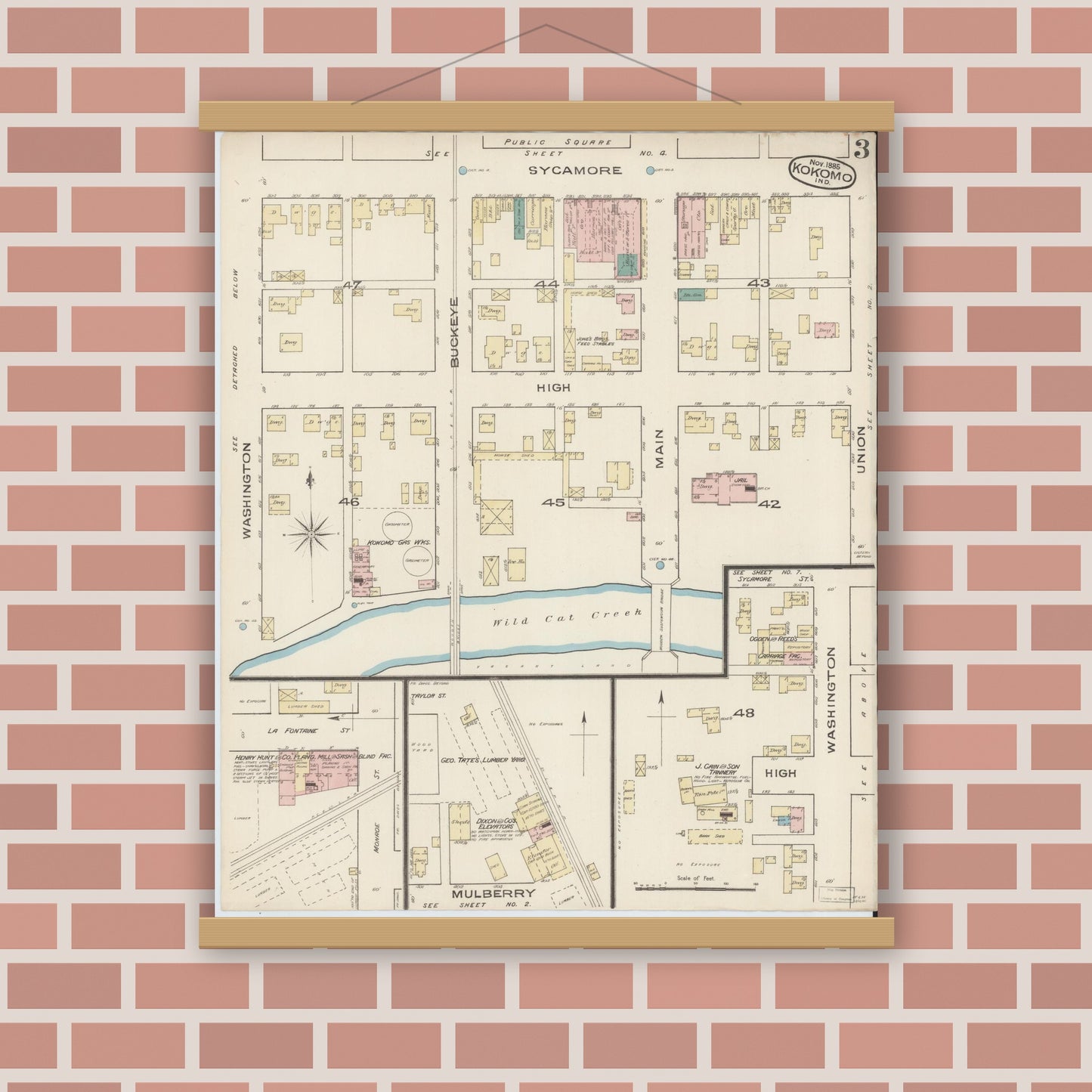 Old map wall art mockup — magnetic wood frame on brick wall — Sanborn Fire Insurance Map from Kokomo, Howard County, Indiana (1885), Sheet #0003