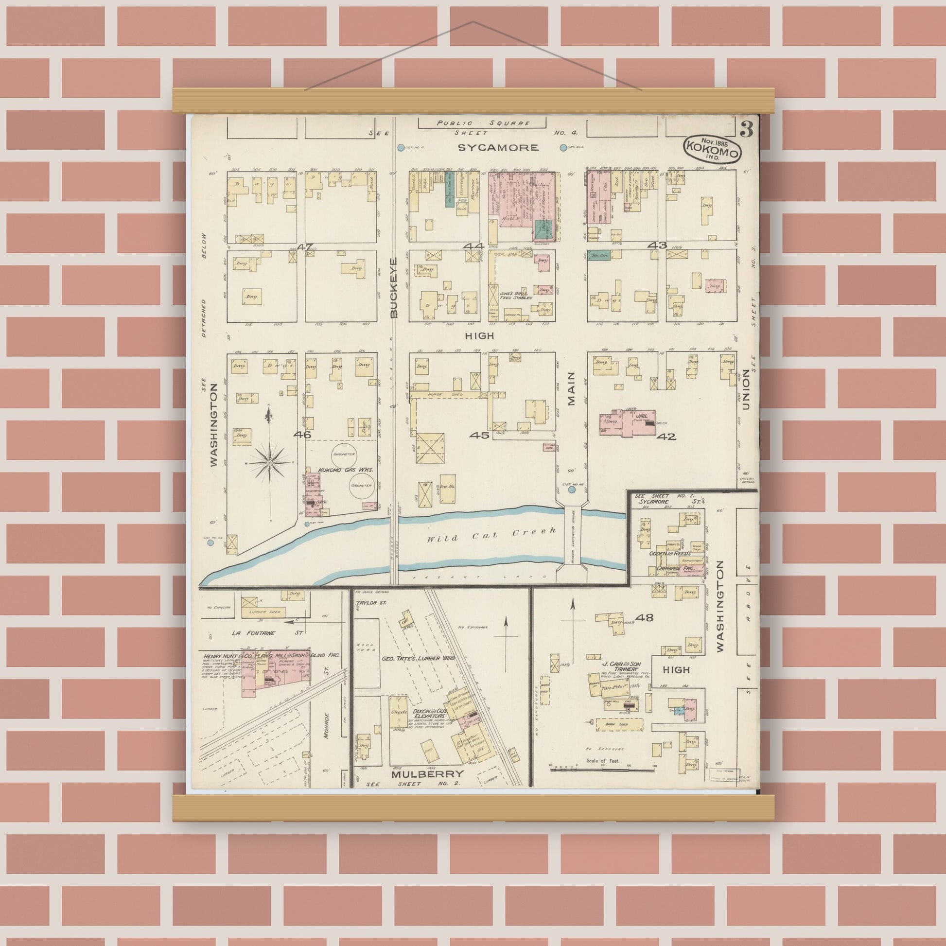 Old map wall art mockup — magnetic wood frame on brick wall — Sanborn Fire Insurance Map from Kokomo, Howard County, Indiana (1885), Sheet #0003