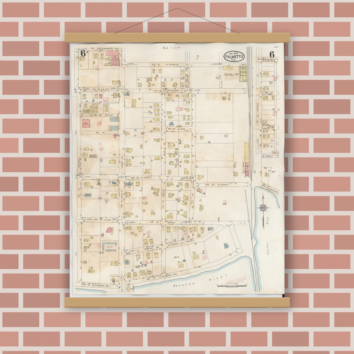 Old map wall art mockup — magnetic wood frame on brick wall — Sanborn Fire Insurance Map from Palmetto, Manatee County, Florida (1944), Sheet #0006