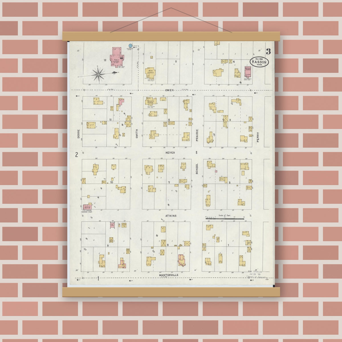 Old map wall art mockup — magnetic wood frame on brick wall — Sanborn Fire Insurance Map from Kasson, Dodge County, Minnesota (1904), Sheet #0003