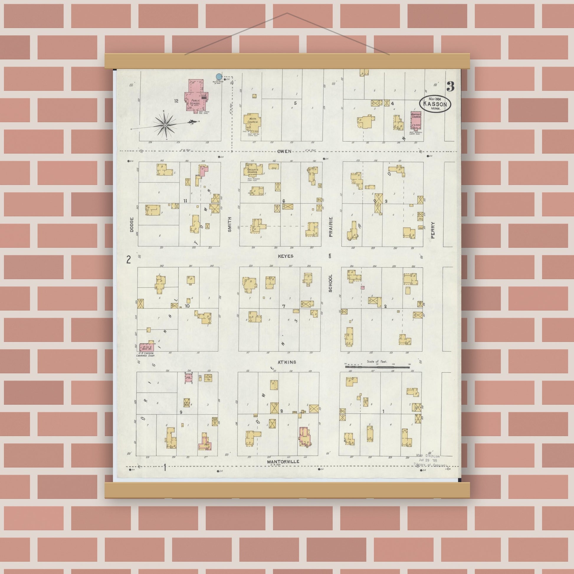 Old map wall art mockup — magnetic wood frame on brick wall — Sanborn Fire Insurance Map from Kasson, Dodge County, Minnesota (1904), Sheet #0003