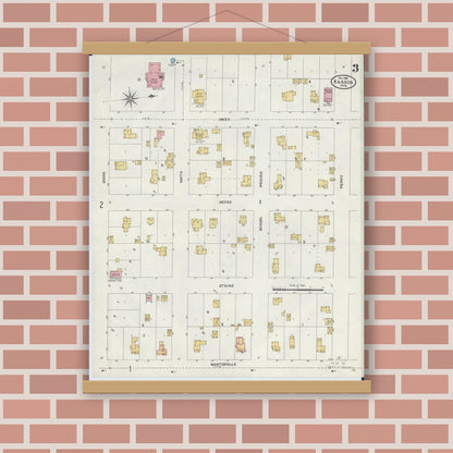 Old map wall art mockup — magnetic wood frame on brick wall — Sanborn Fire Insurance Map from Kasson, Dodge County, Minnesota (1904), Sheet #0003