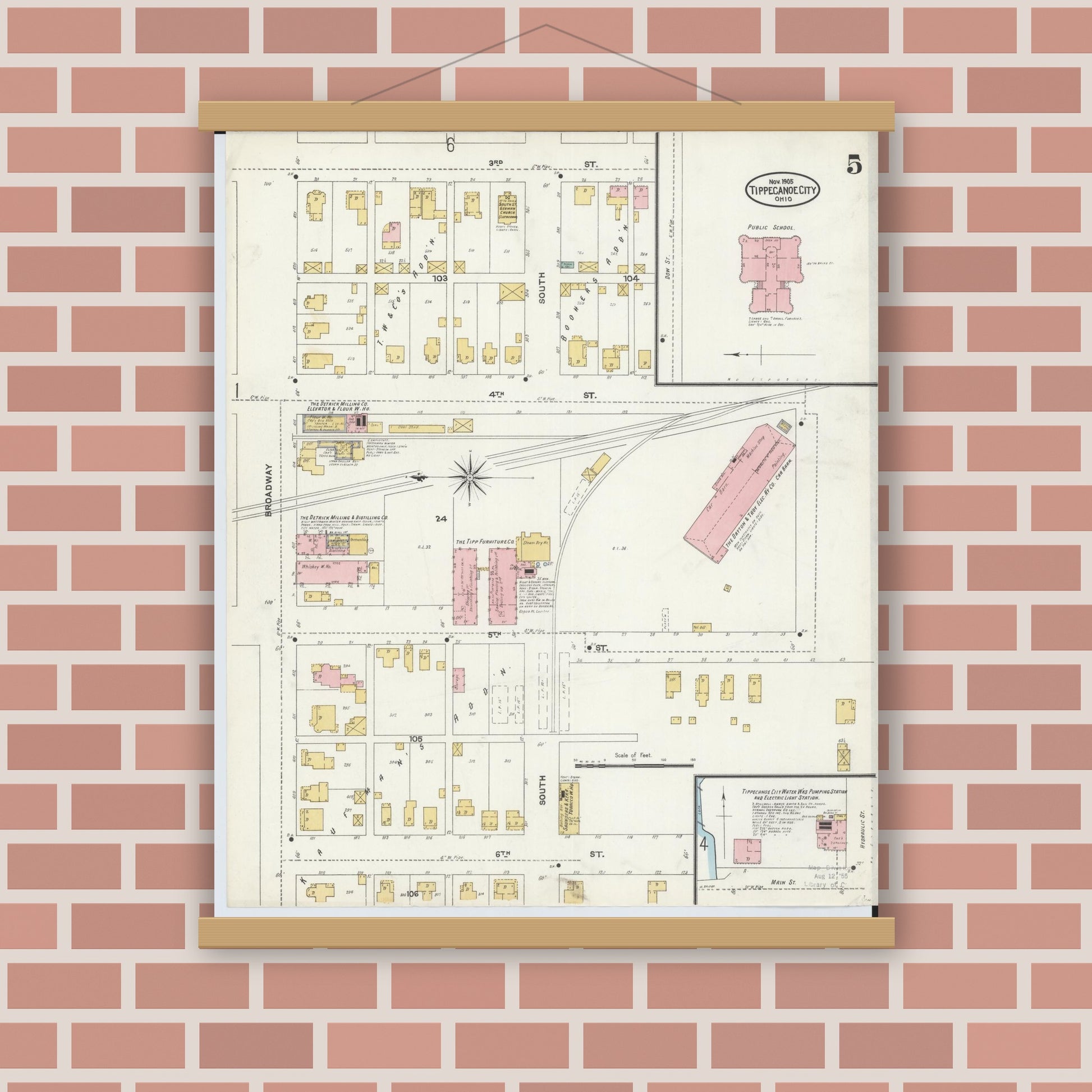 Old map wall art mockup — magnetic wood frame on brick wall — Sanborn Fire Insurance Map from Tipp City, Miami County, Ohio (1905), Sheet #0005