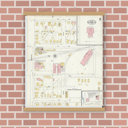 Old map wall art mockup — magnetic wood frame on brick wall — Sanborn Fire Insurance Map from Tipp City, Miami County, Ohio (1905), Sheet #0005