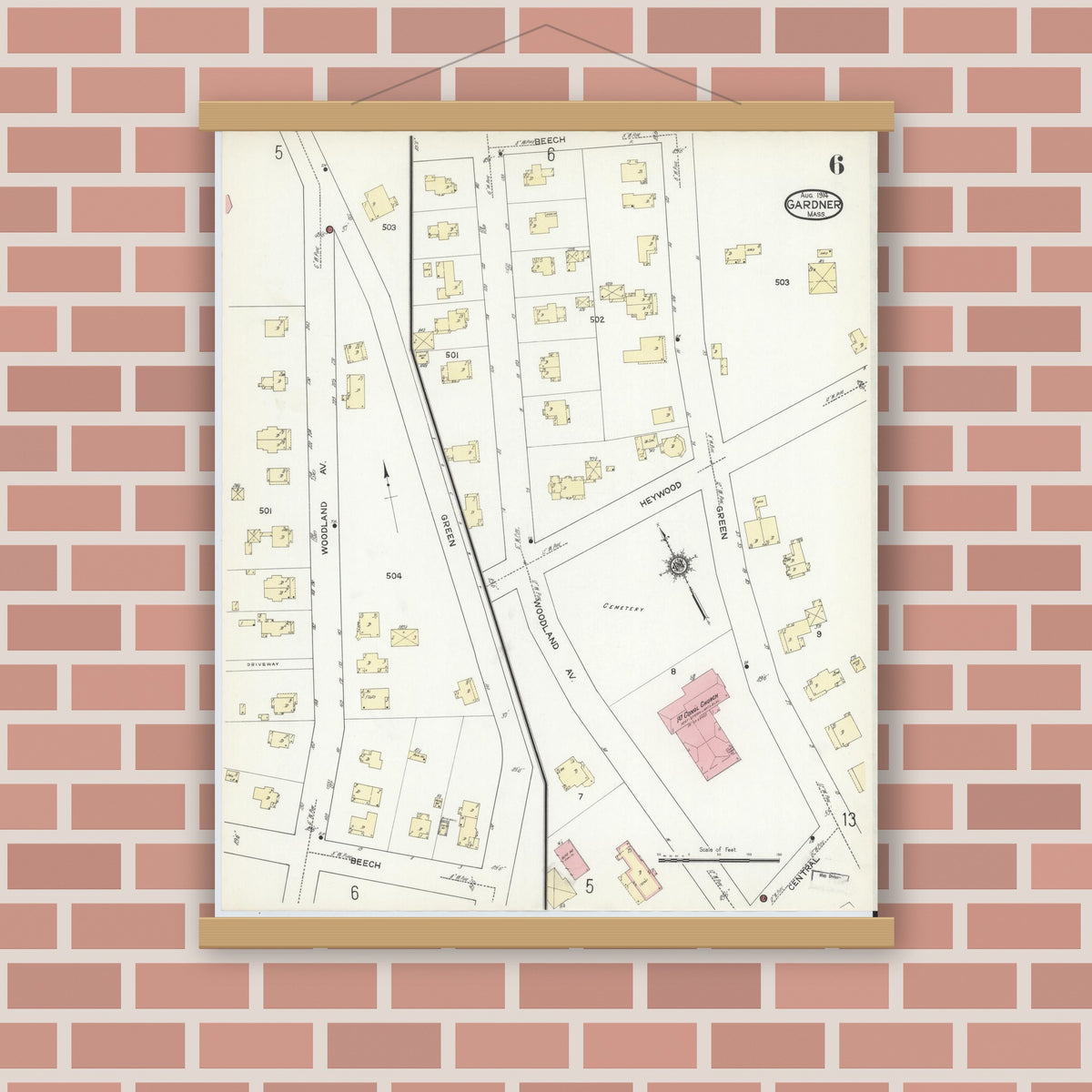 Old map wall art mockup — magnetic wood frame on brick wall — Sanborn Fire Insurance Map from Gardner, Worcester County, Massachusetts (1914), Sheet #0006