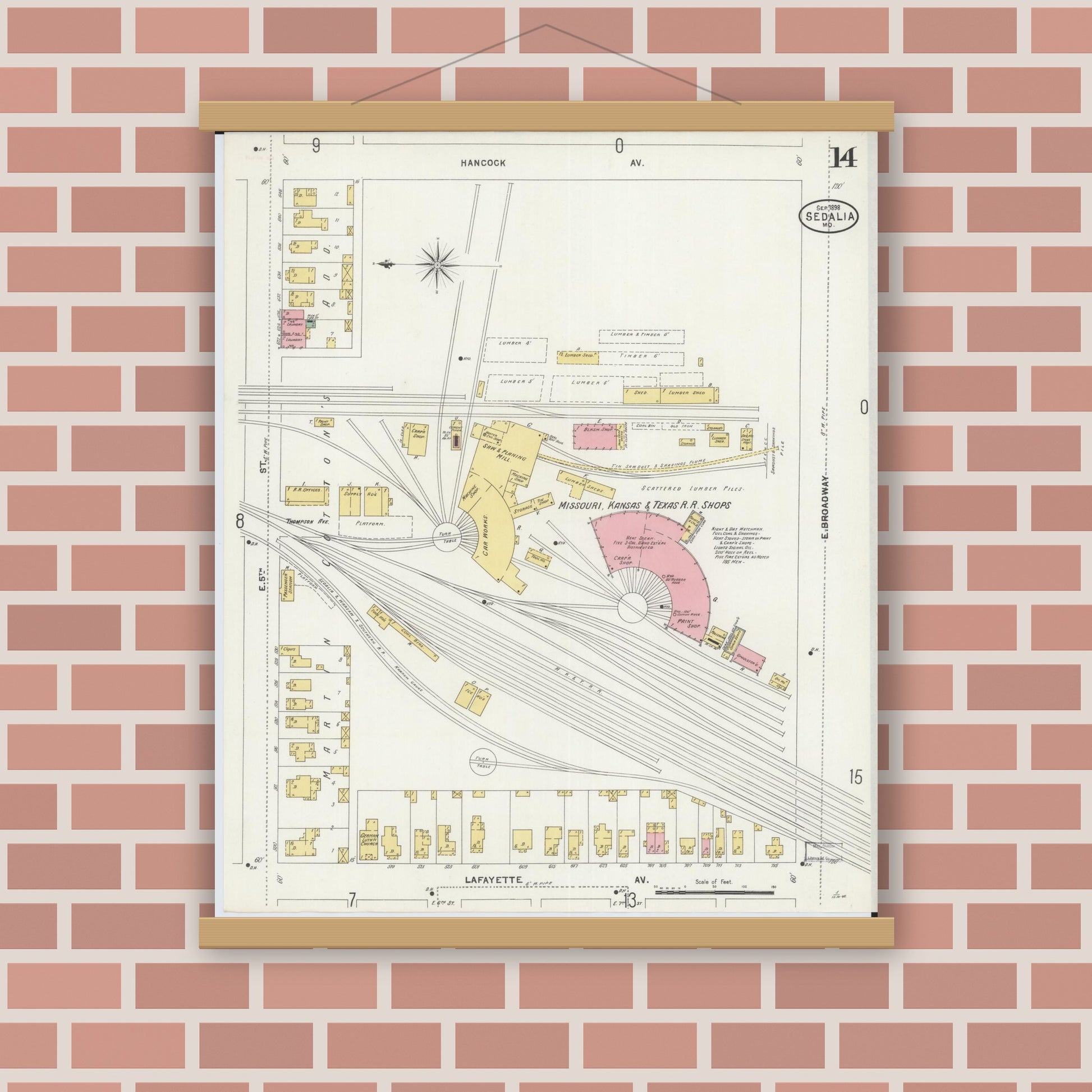 Old map wall art mockup — magnetic wood frame on brick wall — Sanborn Fire Insurance Map from Sedalia, Pettis County, Missouri (1898), Sheet #0014