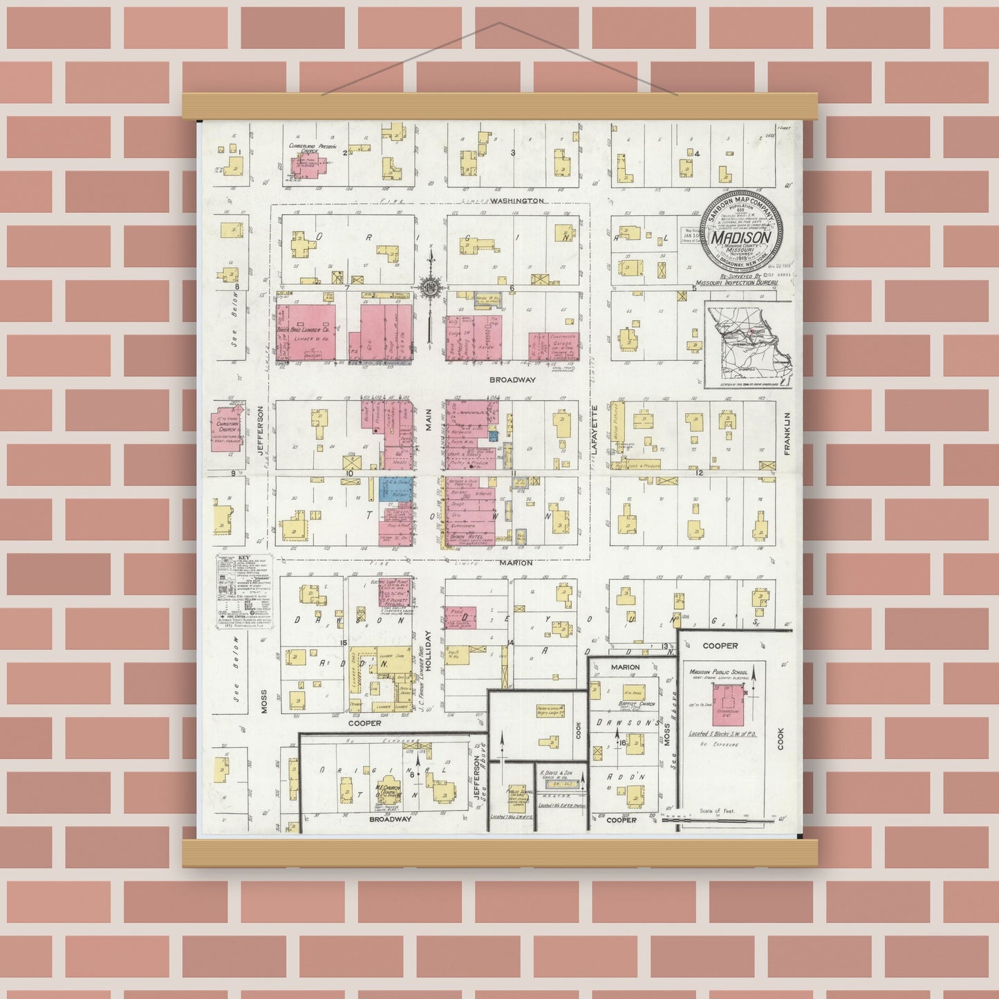 Old map wall art mockup — magnetic wood frame on brick wall — Sanborn Fire Insurance Map from Madison, Monroe County, Missouri (1919), Sheet #0001