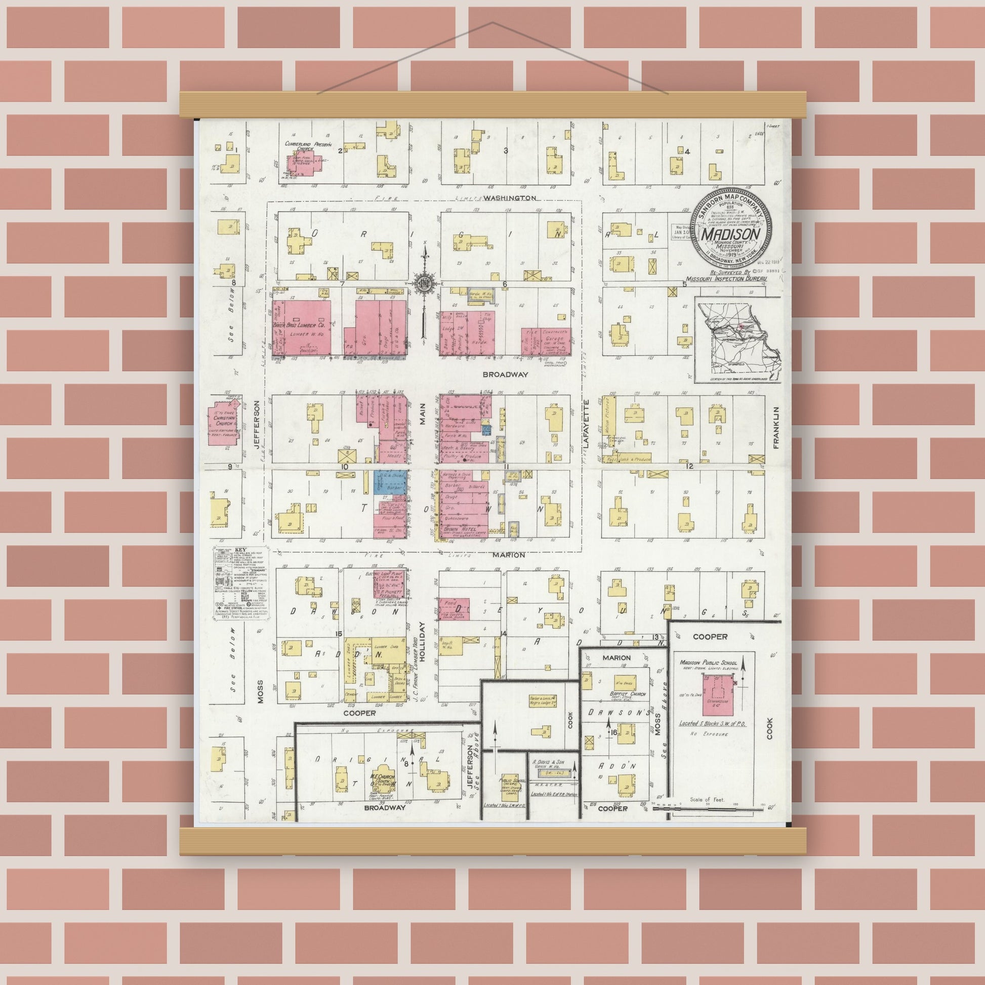 Old map wall art mockup — magnetic wood frame on brick wall — Sanborn Fire Insurance Map from Madison, Monroe County, Missouri (1919), Sheet #0001