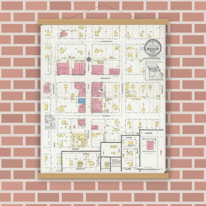 Old map wall art mockup — magnetic wood frame on brick wall — Sanborn Fire Insurance Map from Madison, Monroe County, Missouri (1919), Sheet #0001