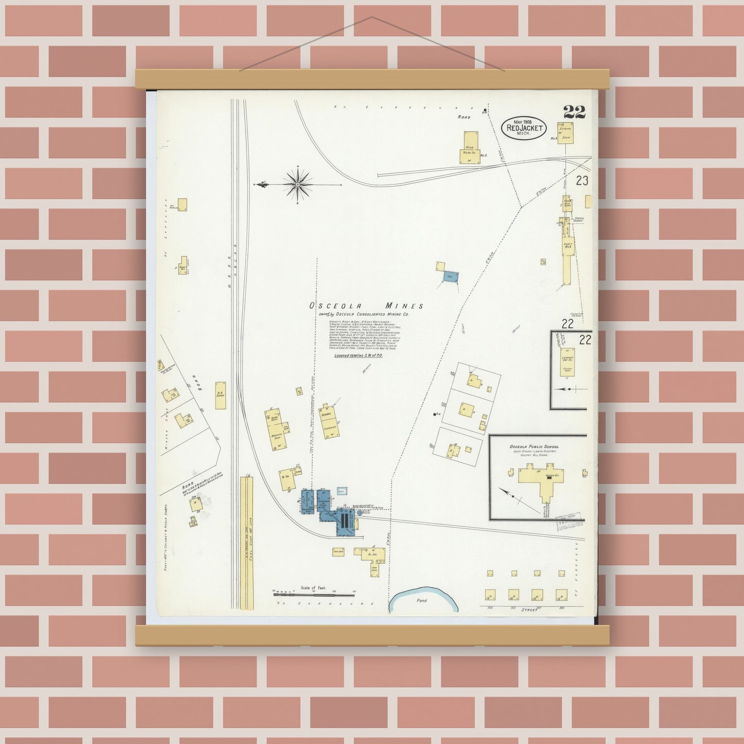 Old map wall art mockup — magnetic wood frame on brick wall — Sanborn Fire Insurance Map from Red Jacket, Houghton County, Michigan (1908), Sheet #0022