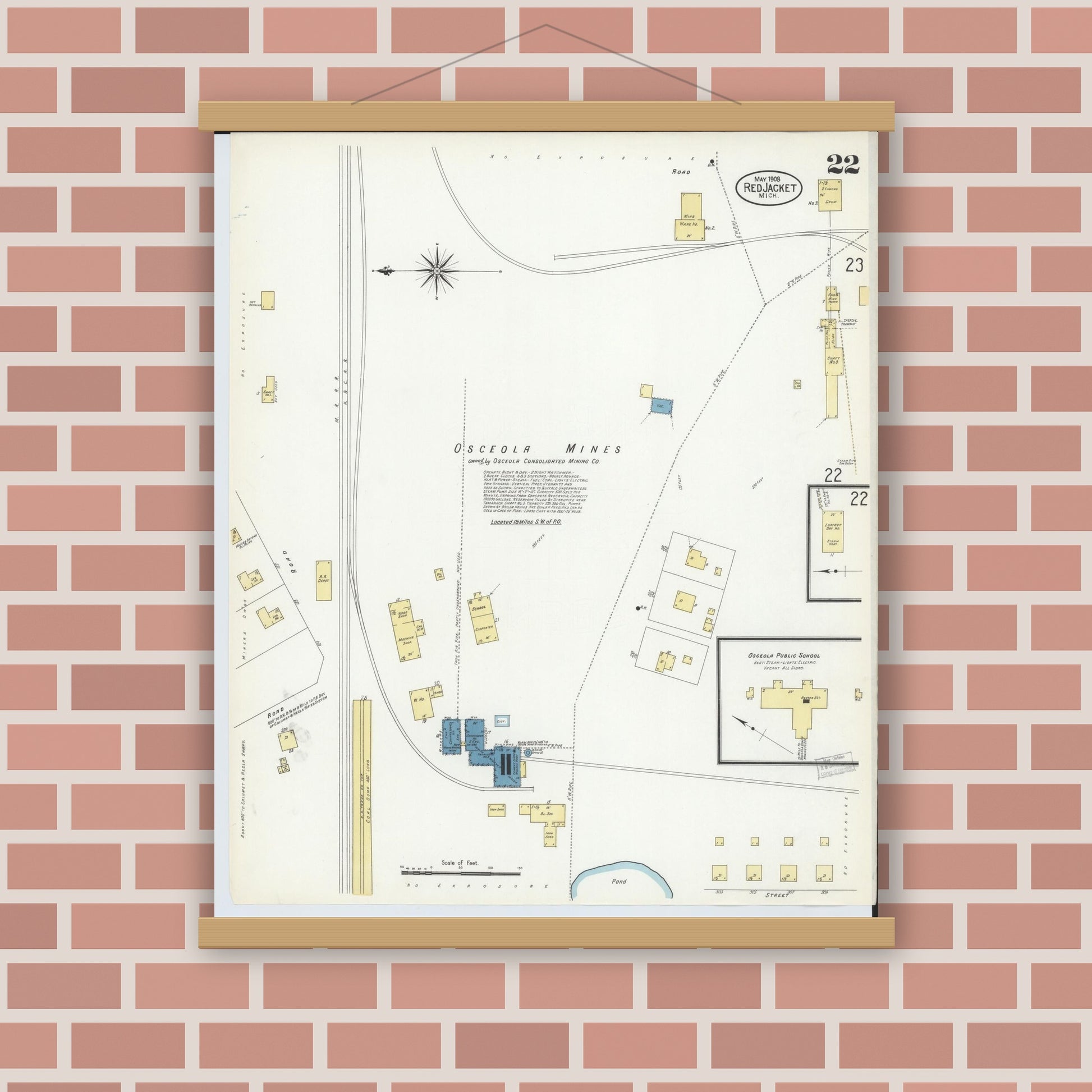 Old map wall art mockup — magnetic wood frame on brick wall — Sanborn Fire Insurance Map from Red Jacket, Houghton County, Michigan (1908), Sheet #0022