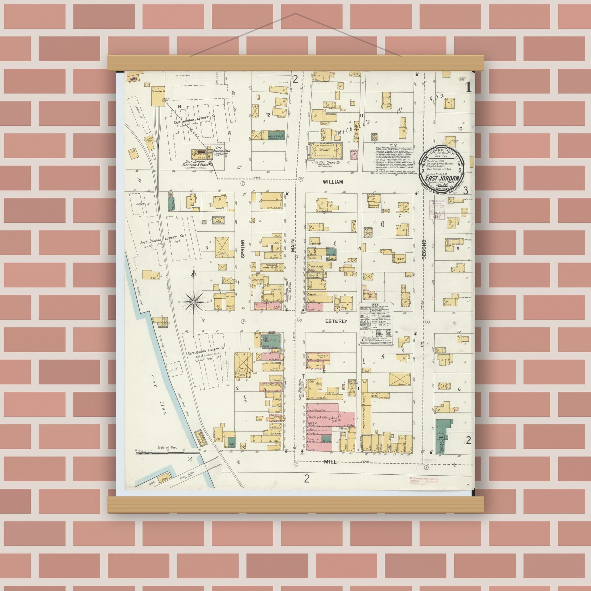 Old map wall art mockup — magnetic wood frame on brick wall — Sanborn Fire Insurance Map from East Jordan, Charlevoix County, Michigan (1901), Sheet #0001