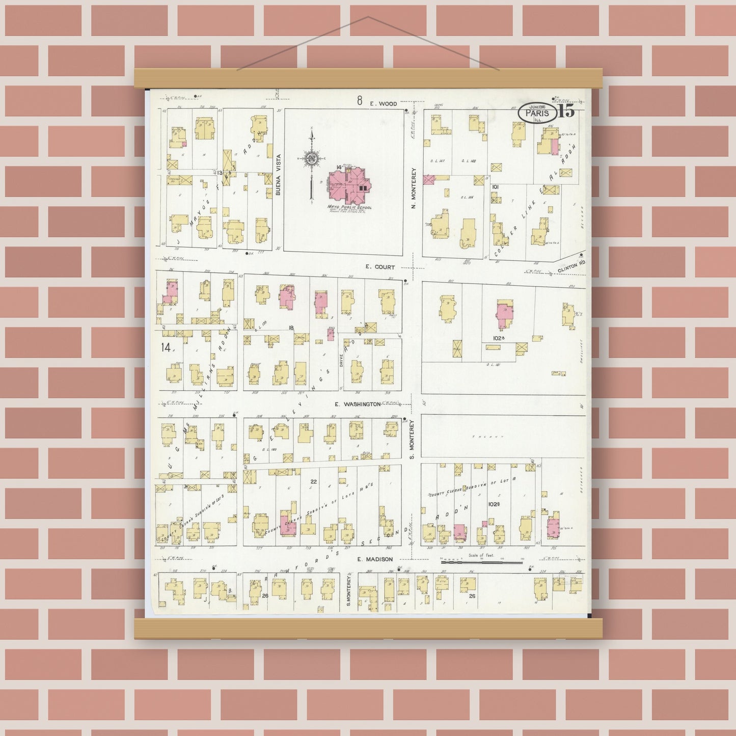 Old map wall art mockup — magnetic wood frame on brick wall — Sanborn Fire Insurance Map from Paris, Edgar County, Illinois (1916), Sheet #0015