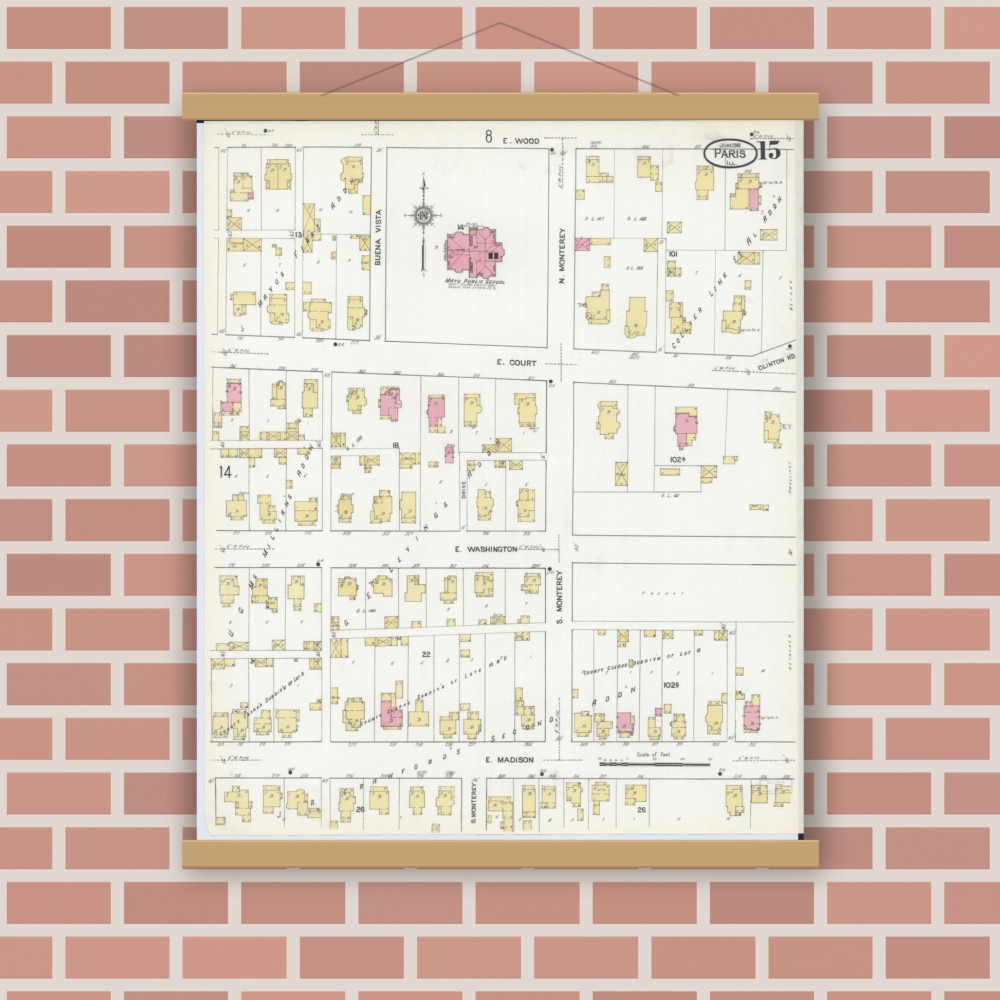 Old map wall art mockup — magnetic wood frame on brick wall — Sanborn Fire Insurance Map from Paris, Edgar County, Illinois (1916), Sheet #0015