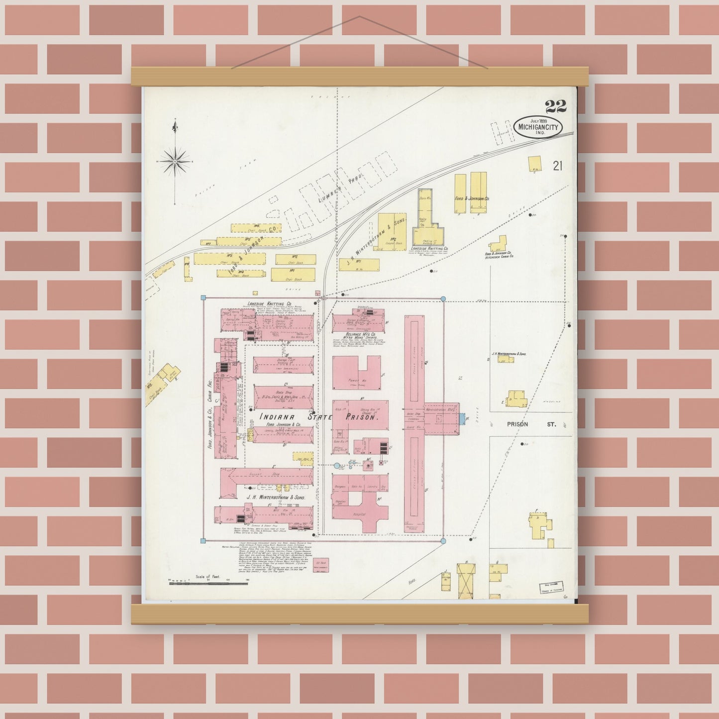 Old map wall art mockup — magnetic wood frame on brick wall — Sanborn Fire Insurance Map from Michigan City, La Porte County, Indiana (1899), Sheet #0022