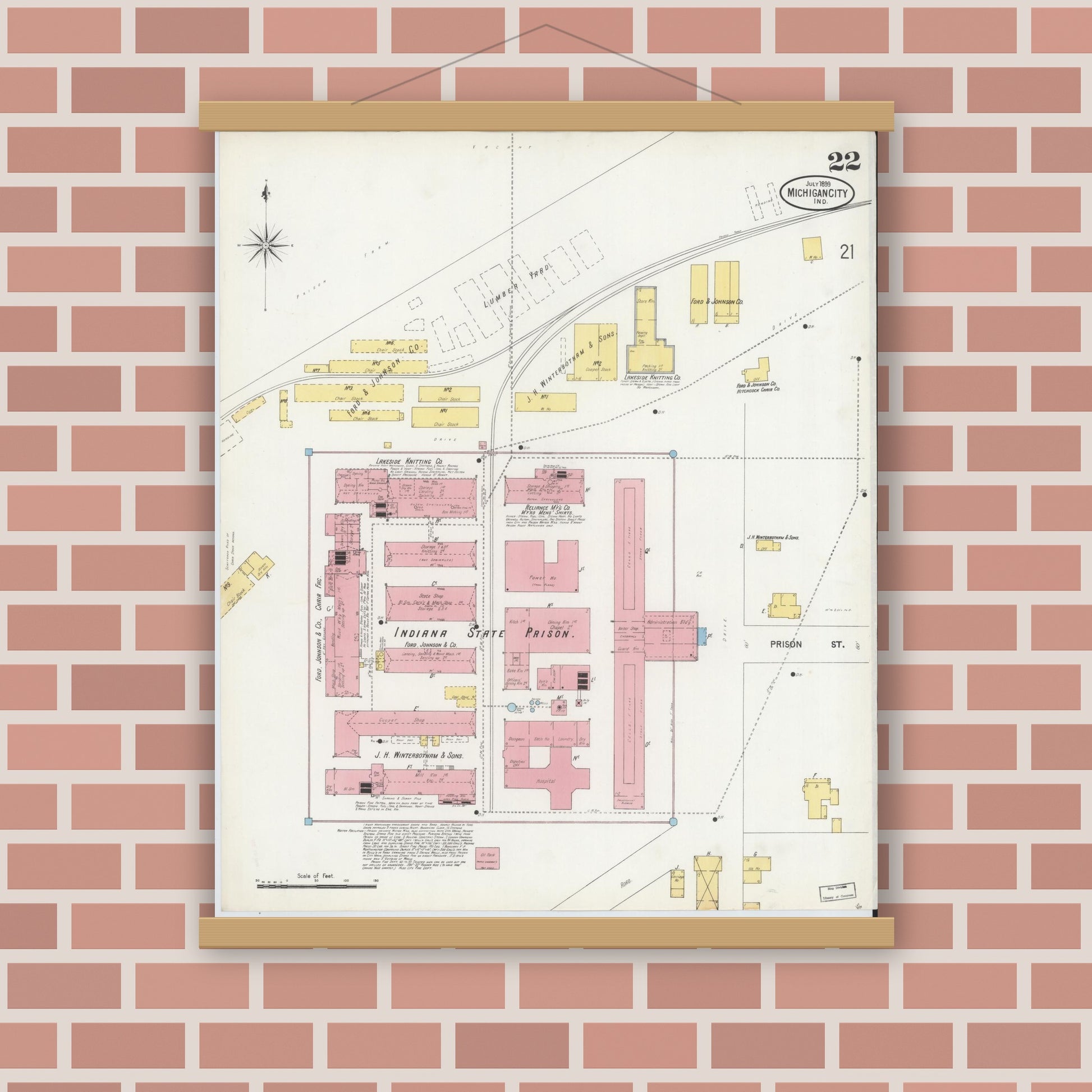 Old map wall art mockup — magnetic wood frame on brick wall — Sanborn Fire Insurance Map from Michigan City, La Porte County, Indiana (1899), Sheet #0022