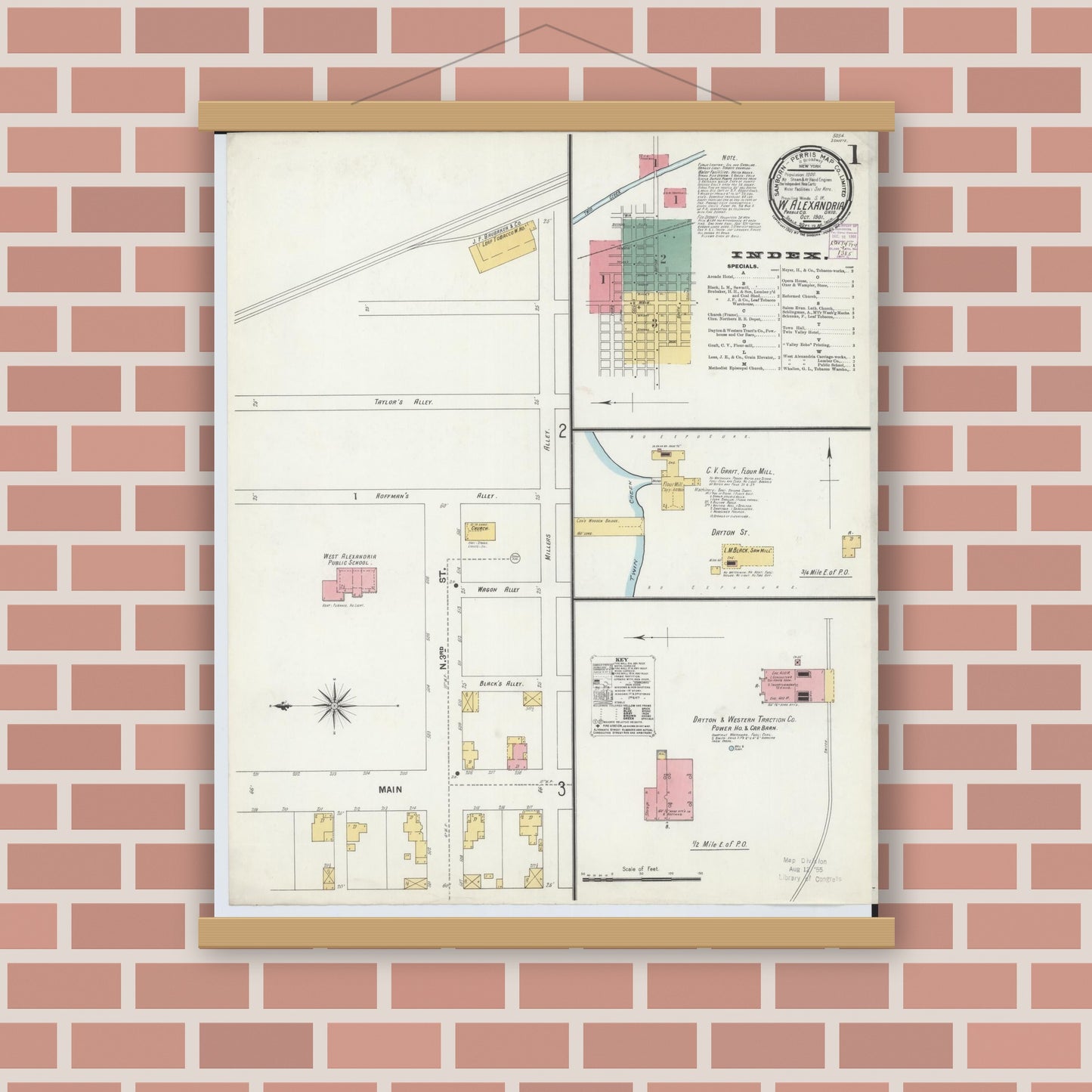 Old map wall art mockup — magnetic wood frame on brick wall — Sanborn Fire Insurance Map from West Alexandria, Preble County, Ohio (1901), Sheet #0001