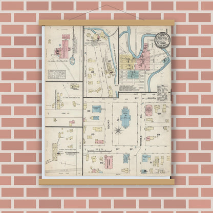 Old map wall art mockup — magnetic wood frame on brick wall — Sanborn Fire Insurance Map from Elyria, Lorain County, Ohio (1884), Sheet #0001